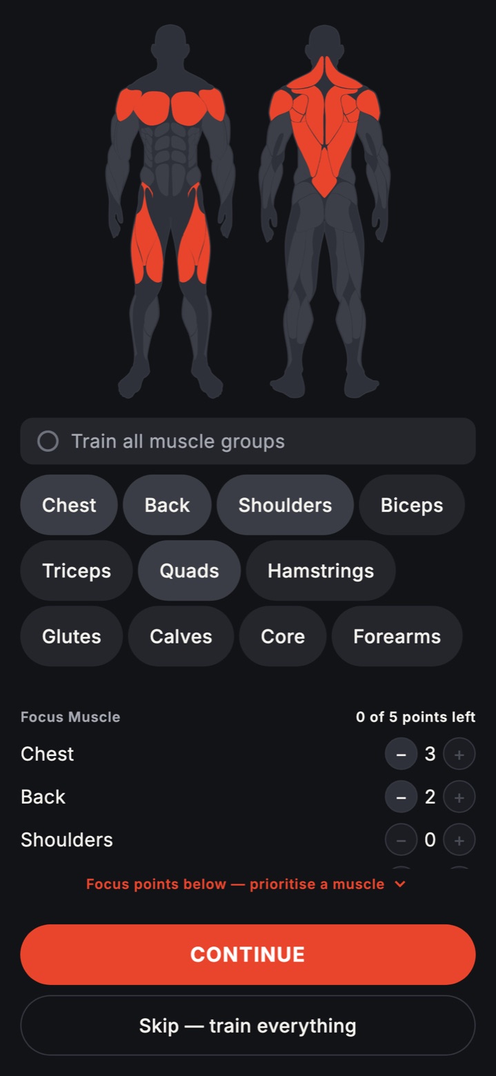 Choosing muscle groups on a body map, with focus points on chest and back.
