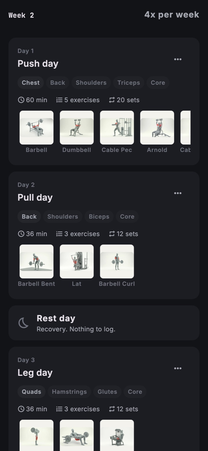 The week's plan: a push day, a pull day, a rest day and a leg day, each with its exercises.